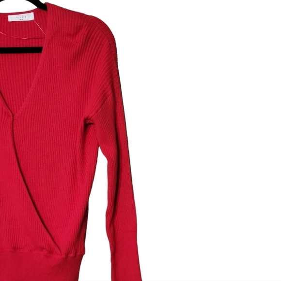 Elodie M Red Ribbed Faux Wrap Sweater V-Neck Long Sleeve Soft Office Knit NWT - Picture 8 of 13